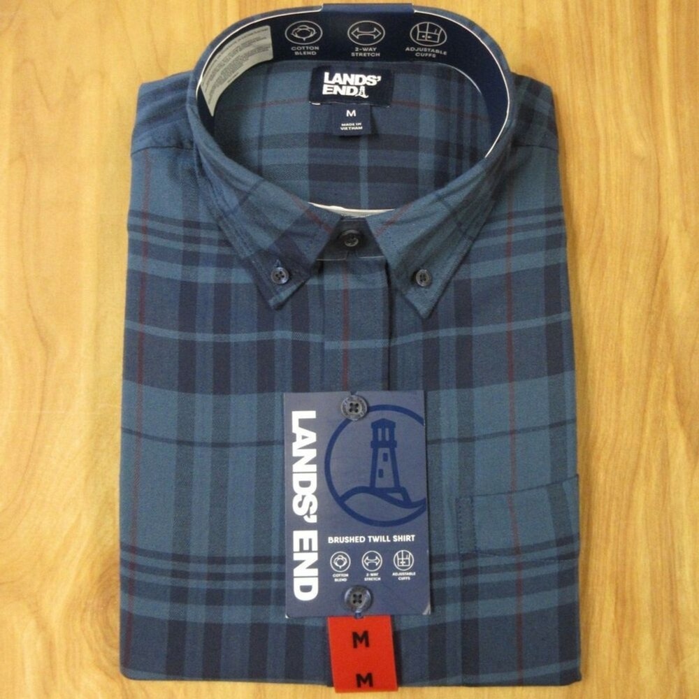 LANDS END Brushed Twill Button Down Shirt Mens Medium Blue Tartan Plaid Top‎ NWT